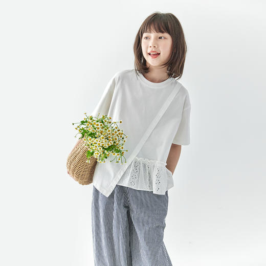 预售3.23发 棵初2025夏季新款亲子中大女童荷叶边不规则分割纯棉T恤 商品图2