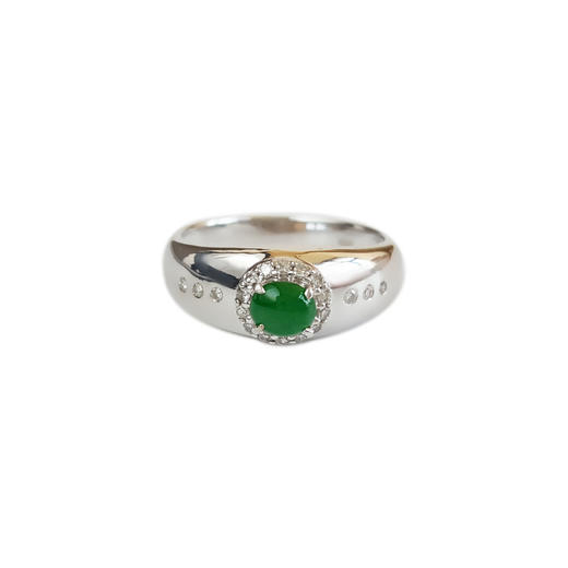 【天然正品】AU750白金镶钻镶天然细腻冰种满绿蛋面翡翠戒指女士现售价：3180！220325AH35 商品图0