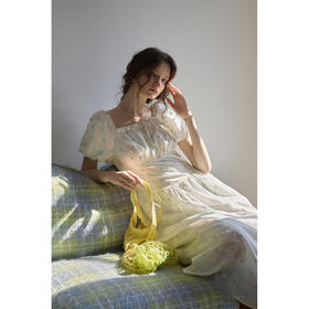 SimpleRetro重工提花刺绣碎花连衣裙法式方领小白裙子