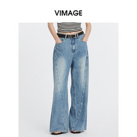 VIMAGE纬漫纪秋季新款复古蓝高腰阔腿长裤牛仔裤V2205802