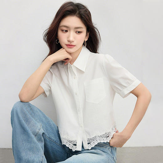 【专属特价】熙世界蕾丝拼接白色衬衫女2025年夏季新款设计感短袖衬衣短款上衣 商品图3