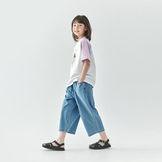 【代发】休闲牛仔裤九分裤 棵初夏季款亲子中大女童水洗蓝宽松休闲裤蓝色 商品图4