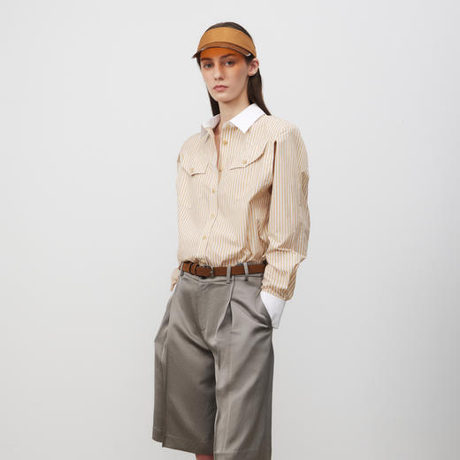 lost in echo2025春夏新款时尚垫肩经典复古蓝白条纹长袖衬衫外套 商品图3