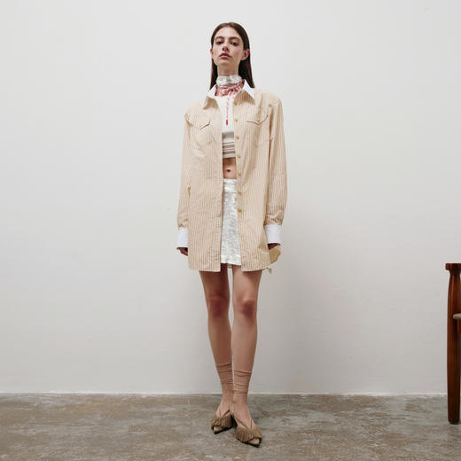 lost in echo2025春夏新款时尚垫肩经典复古蓝白条纹长袖衬衫外套 商品图4