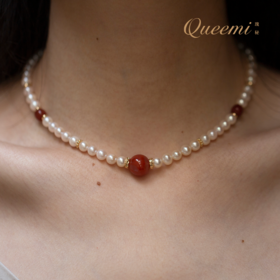 「驻红却白」淡水珍珠配南红玛瑙项链