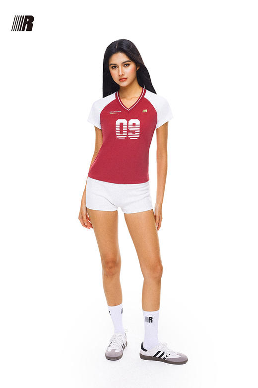 FDR官方店 V领渐变09印花撞色短袖T恤女夏季辣妹修身显瘦体恤上衣 商品图5