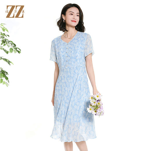 佐尔美夏季新款时尚气质碎花桑蚕丝短袖连衣裙女M42LS44 商品图4