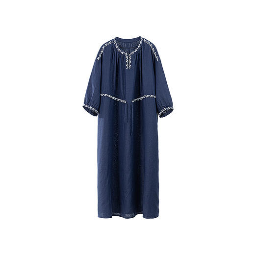 绽放旅行女装159朵/亚麻绣花半开襟抽绳收腰显瘦大摆圆立领连衣裙 商品图4