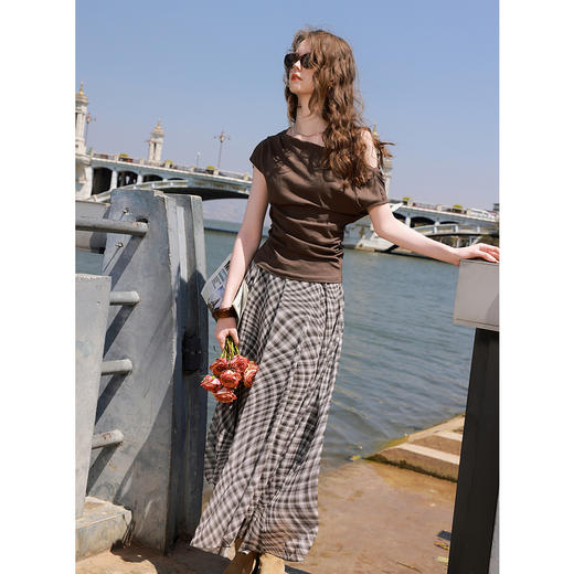 三彩2025夏季新款格纹半身裙飘逸不规则A字裙长裙设计感M 商品图1