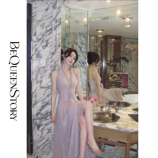 余潇潇【花影悦动】乔其纱手工钉珠印花挂脖V领收腰连衣裙时尚精致 商品图5