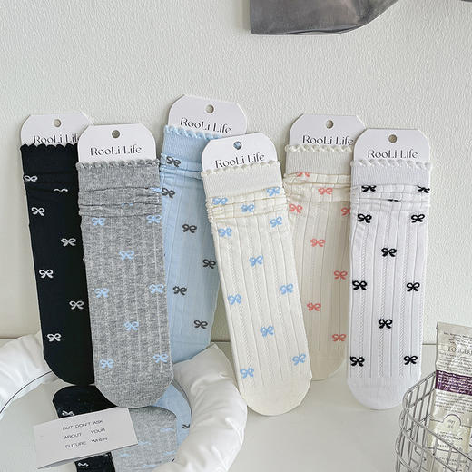 【敲好看！夏季薄款中筒袜】超薄春夏新款棉袜蝴蝶结泡泡口可爱日系少女中筒长袜。ry 商品图2