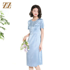 佐尔美夏季新款新中式时尚气质桑蚕丝短袖连衣裙女M42LS40