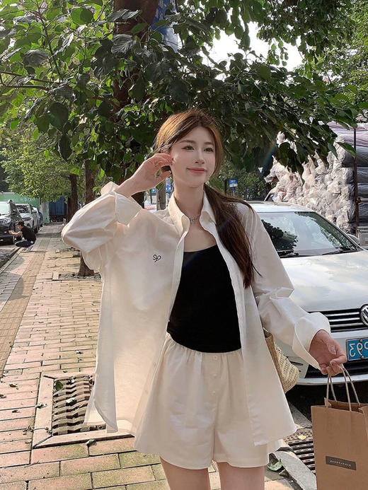 【GZ】无忧购老钱风亚麻刺绣图案宽松百搭衬衫+显瘦背心+松紧腰慵懒休闲短裤套装 7888-5#(截单后7天发货) 商品图11