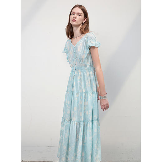 三彩2025夏季新款碎花连衣裙荷叶边收腰A字裙拼接长裙度假S 商品图3