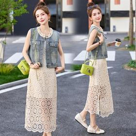 HR YRX9229单排扣牛仔马甲背心+蕾丝镂空连衣裙