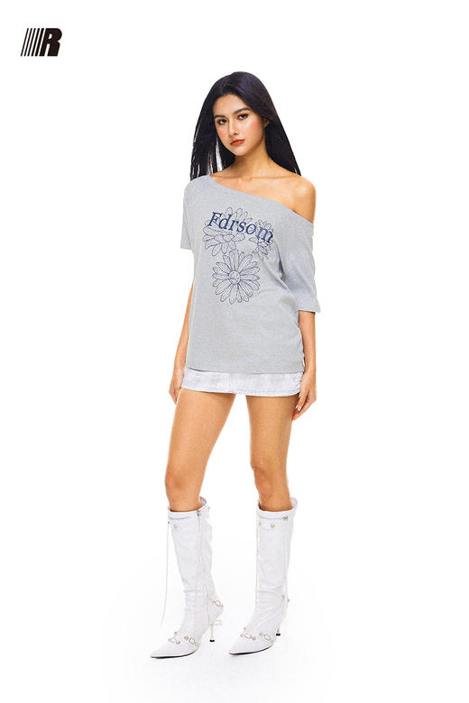 FDR官方店 线条花朵印花斜肩短袖T恤女夏季辣妹露肩体恤上衣 商品图5