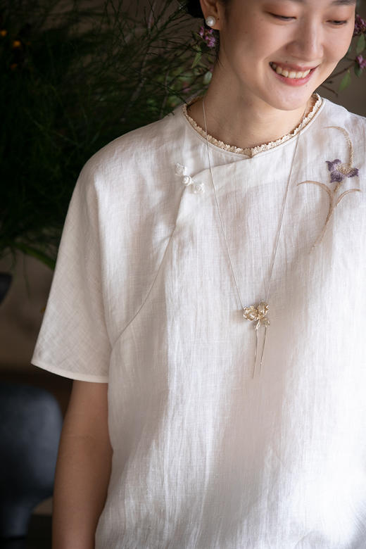 牧衣游原创 手工刺绣汉麻套头衫柔软舒适禅意短袖上衣 雾入森海 商品图5