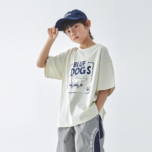 【代发】男童小狗图案T恤 蓝汽水夏季款亲子款宽松短袖上衣浅紫/石膏白 商品图4