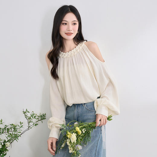 【限时秒杀】西遇露肩挂脖衬衫女夏季新款薄款衬衣泡泡袖法式长袖上衣Y0050481 商品图2