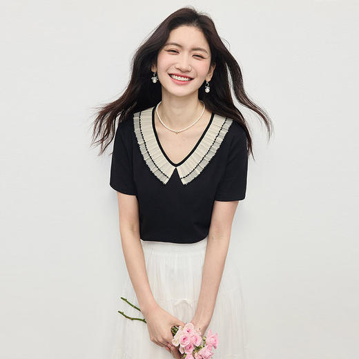【周末秒杀】熙世界2025夏季新款法式田园风撞色花边V领T恤女短袖时尚减龄上衣 商品图4