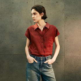 棉仓363604012-初棉无袖口袋小金扣宽松版亚麻衬衫