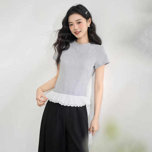 【芭蕾风花边】蕾丝拼接短袖T恤女夏季减龄显瘦短款上衣V0050777 商品图3