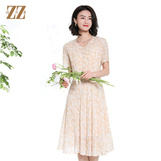 佐尔美夏季新款时尚气质碎花桑蚕丝短袖连衣裙女M42LS44 商品图2