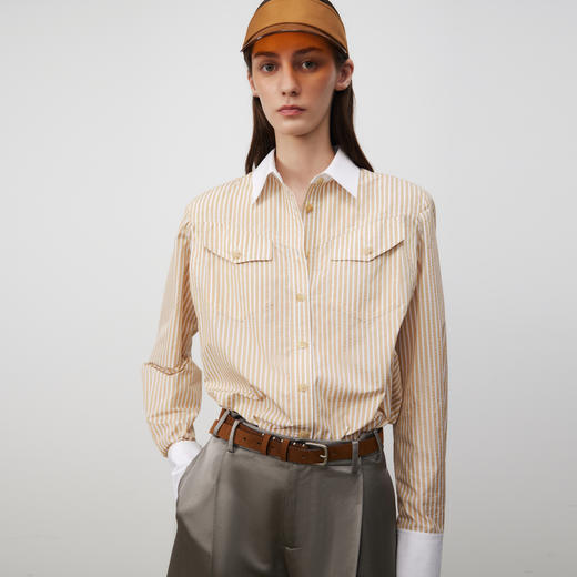 lost in echo2025春夏新款时尚垫肩经典复古蓝白条纹长袖衬衫外套 商品图0