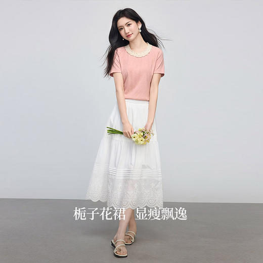 熙世界法式花边刺绣白色半身裙女夏季2025新款高腰A字半裙中长裙 商品图1