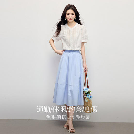 【专属特价】熙世界法式精致刺绣白衬衫女短袖夏季通勤淡人穿搭泡泡袖圆领衬衣 商品图3