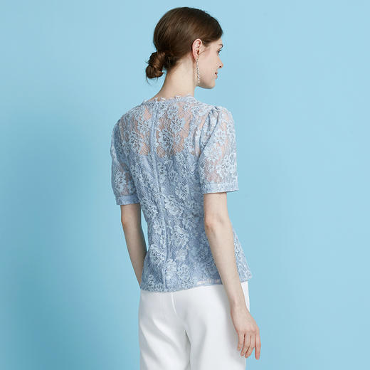EITIE爱特爱法式优雅透感镂空收腰蕾丝短袖小上衣2025年夏季新款B2513610 商品图4