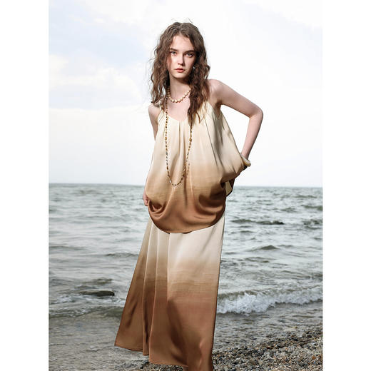 三彩2025夏季新款渐变吊带套装飘带上衣宽松A字裙两件套M 商品图1