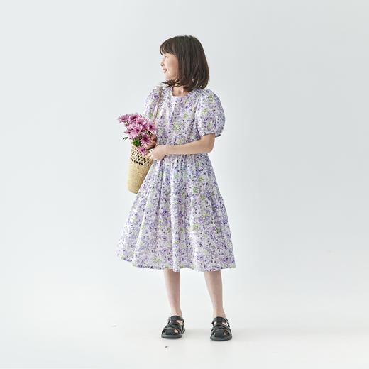 棵初2025夏季新款亲子中大女童碎花连衣裙纯棉紫色蓬蓬裙 商品图3