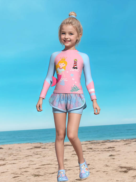 【女童泳衣，长袖设计，透气舒适】新款儿童泳衣 女童分体长袖 沙滩运动网平角裤裙泳装 小中大童游泳衣-QQ 商品图1