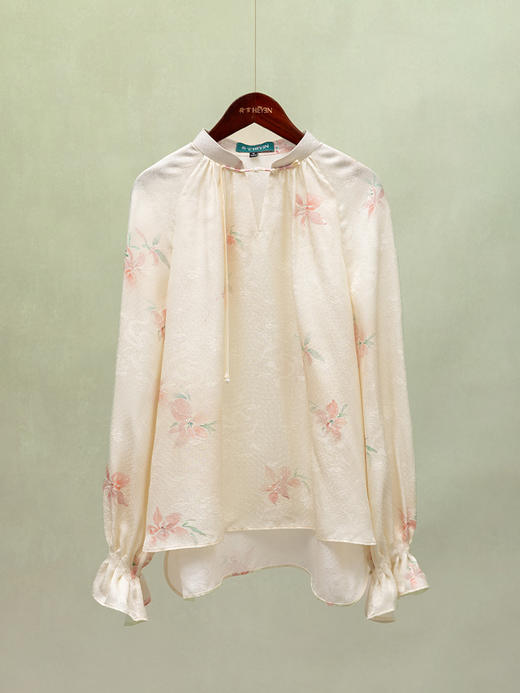 荷言HEYEN 知禾 桃花印花凤凰暗纹提花真丝上衣清凉雅致高级定制 商品图0