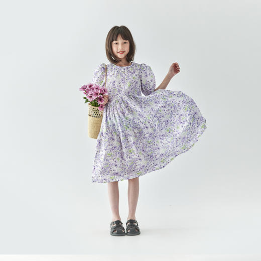 棵初2025夏季新款亲子中大女童碎花连衣裙纯棉紫色蓬蓬裙 商品图1