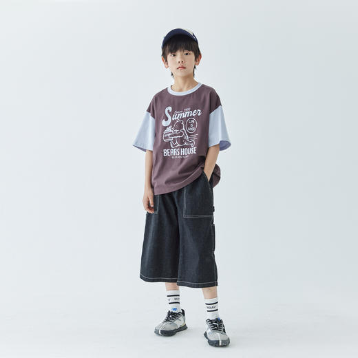 【代发】男童拼色小熊短袖T恤 蓝汽水夏季蜂蜜小熊印花上衣白藏青/浅蓝咖 商品图4