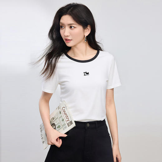 【周末秒杀】熙世界萌宠刺绣T恤女短袖2025夏季新款美式复古撞色圆领正肩上衣 商品图3