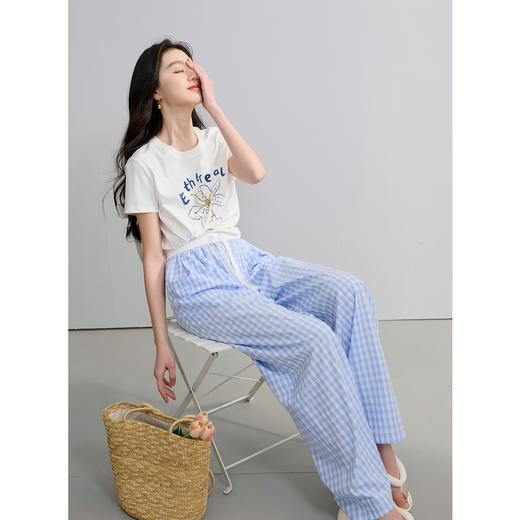 三彩独醒2025夏季新款格纹休闲裤松紧腰抽绳阔腿裤宽松长裤F 商品图2