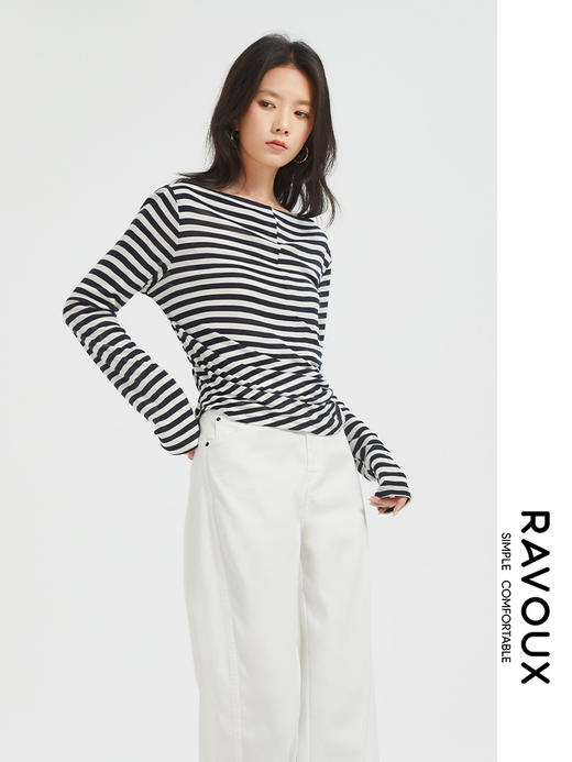 272109908一字肩条纹针织衫 商品图0