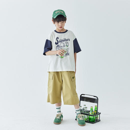 【代发】男童拼色小熊短袖T恤 蓝汽水夏季蜂蜜小熊印花上衣白藏青/浅蓝咖 商品图1