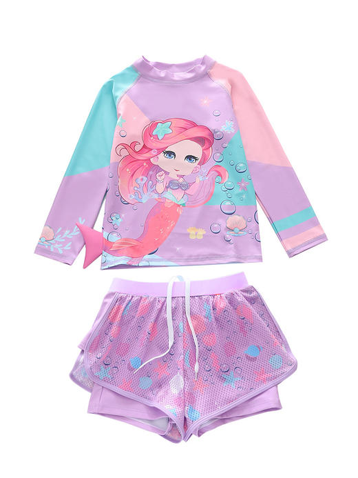 【女童泳衣，长袖设计，透气舒适】新款儿童泳衣 女童分体长袖 沙滩运动网平角裤裙泳装 小中大童游泳衣-QQ 商品图5