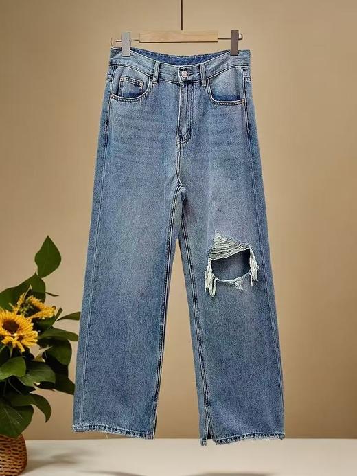 年中清仓-→-98%棉破洞品质牛仔直筒拖地裤-喜出 商品图0