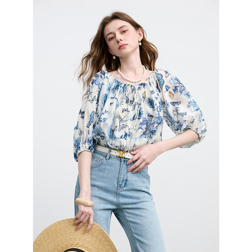 【莱赛尔+亚麻】三彩2025夏季新款繁花小衫圆领系带七分灯笼袖莱赛尔宽松短款M 商品图3