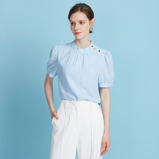 【气质短袖上衣】EITIE爱特爱灯笼袖复古立领衫2025夏季新款B2513620 商品图10