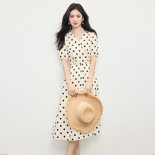熙世界法式波嬉风波点连衣裙女夏2025新款短袖收腰V领茶歇长裙子 商品图4