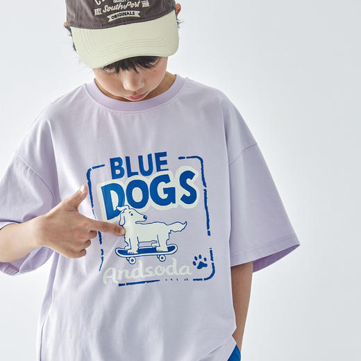 【代发】男童小狗图案T恤 蓝汽水夏季款亲子款宽松短袖上衣浅紫/石膏白 商品图2