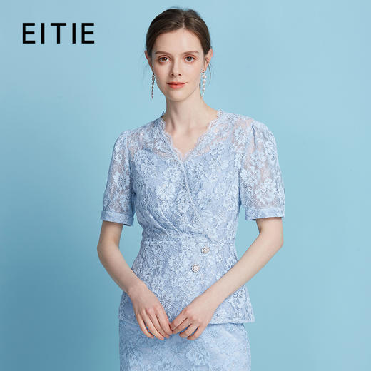 EITIE爱特爱法式优雅透感镂空收腰蕾丝短袖小上衣2025年夏季新款B2513610 商品图0