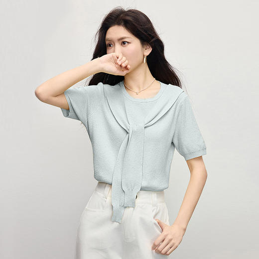 【专属特价】熙世界假两件披肩拼接针织衫短袖独特别致圆领上衣女2025夏季新款 商品图4