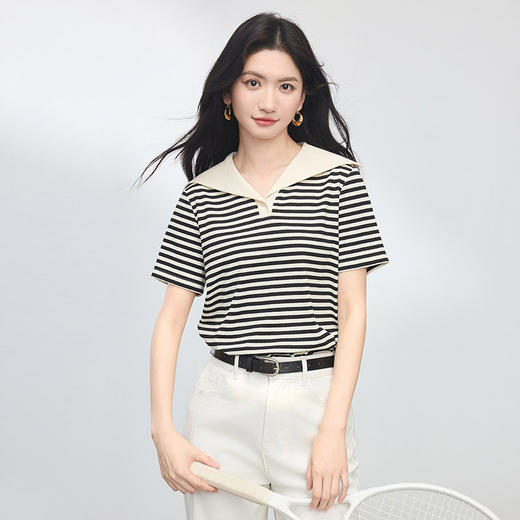 【周四狂欢价】熙世界航海系海军领条纹T恤短袖女士夏季法式宽松慵懒正肩上衣 商品图4